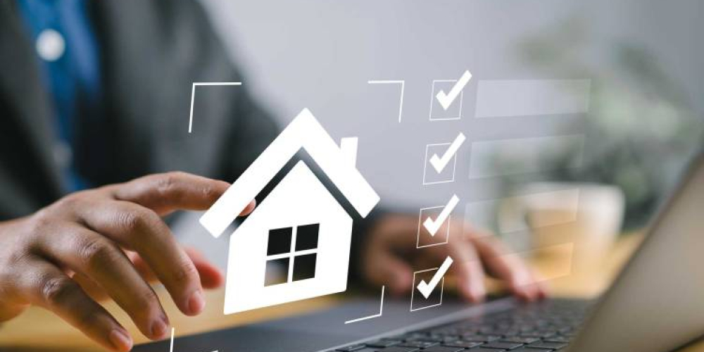 Real estate checklist concept, Businessman organizing real estate tasks on a laptop using a digital checklist, streamlining property management and housing investments with innovative tools.
